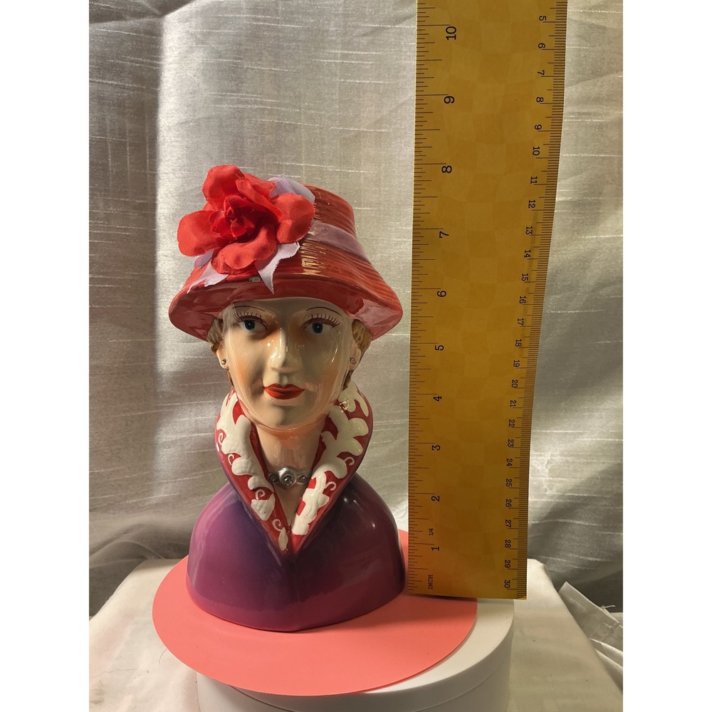 Vintage Style Ceramic Lady Head Vase Purple Coat Red Hat Floral Accent 9.5 inch